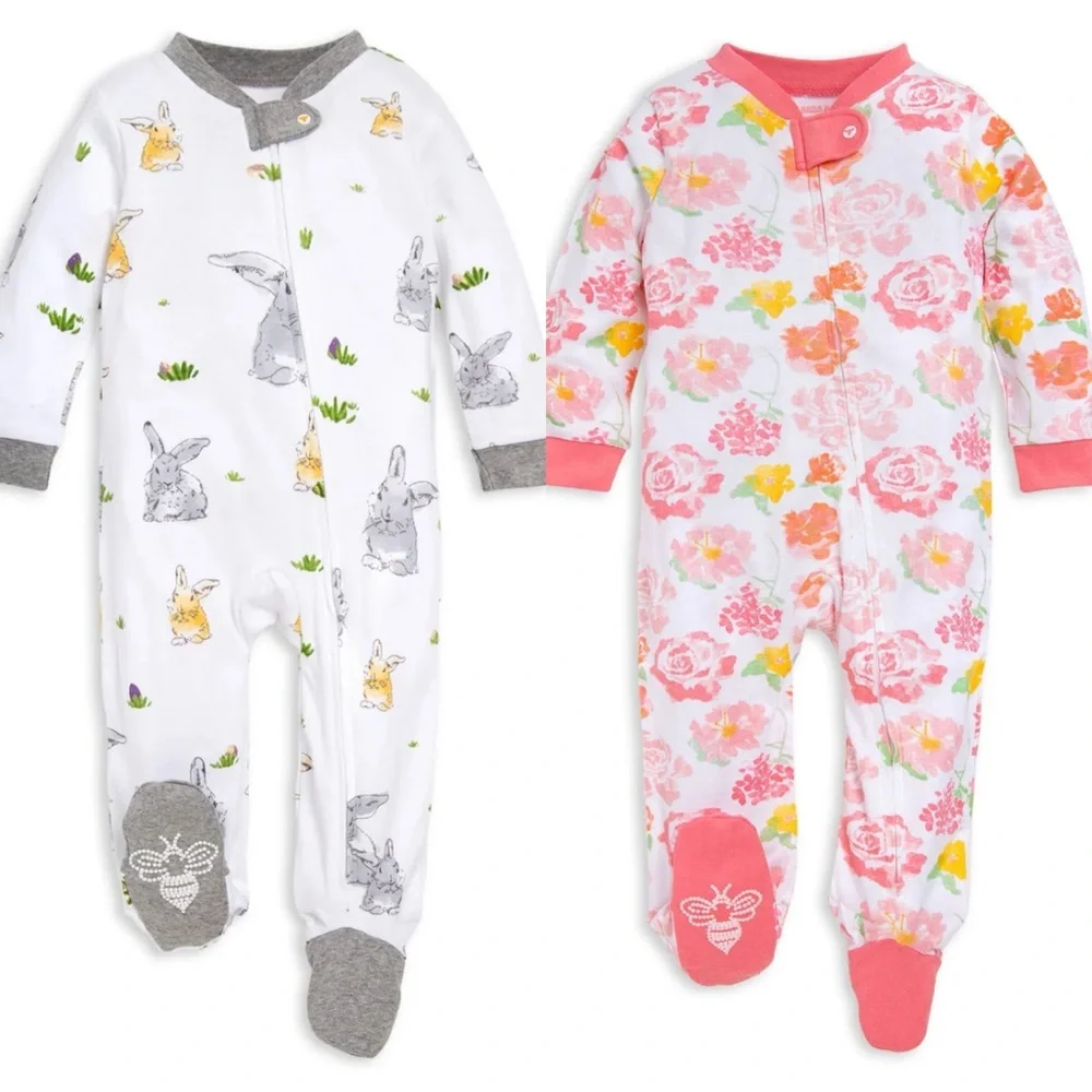 Burt’s Bee’s Organic Cotton Newborn Pink Floral&Yellow Bunny Set of 2 Onsies